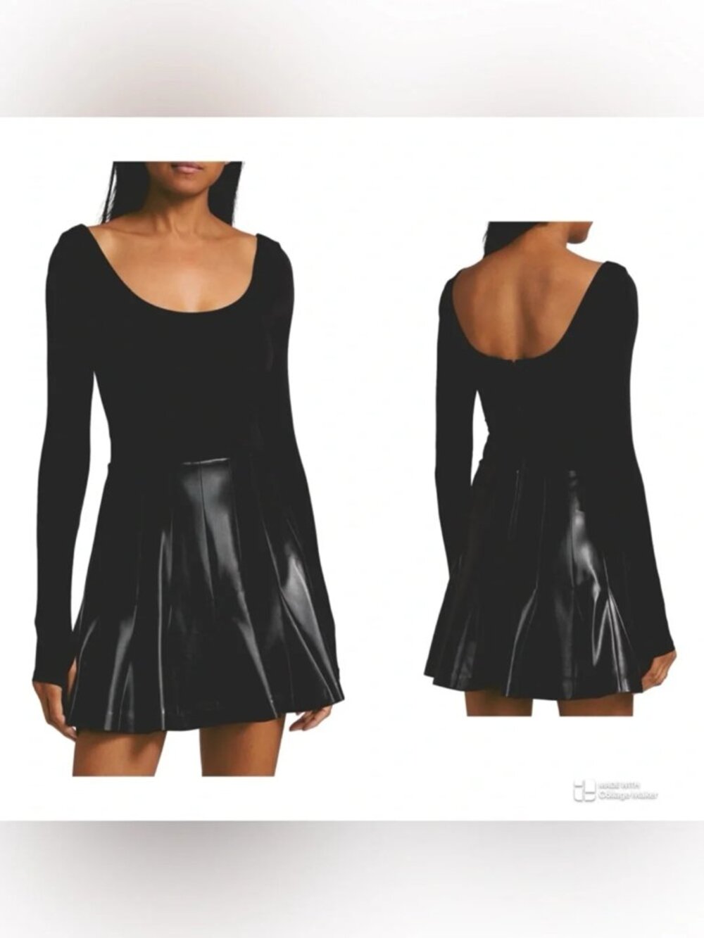 NWT Alice + Olivia Black Faux Leather Skirt Long Sleeve Scoop Back Dress 4 $395